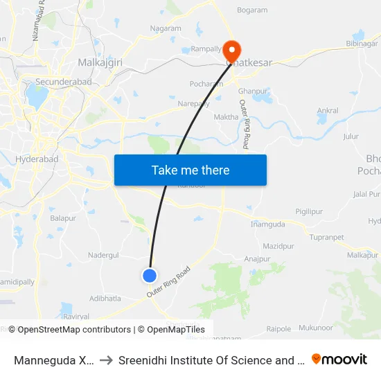 Manneguda X Road to Sreenidhi Institute Of Science and Technology map