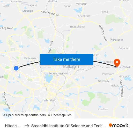 Hitech City to Sreenidhi Institute Of Science and Technology map