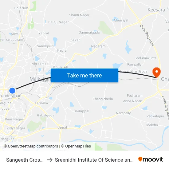 Sangeeth Cross Road to Sreenidhi Institute Of Science and Technology map