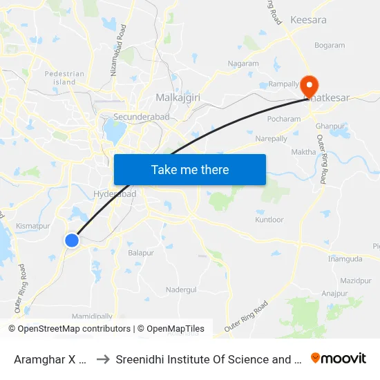 Aramghar X Roads to Sreenidhi Institute Of Science and Technology map