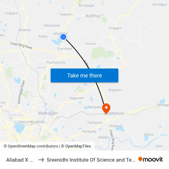 Aliabad X Road to Sreenidhi Institute Of Science and Technology map
