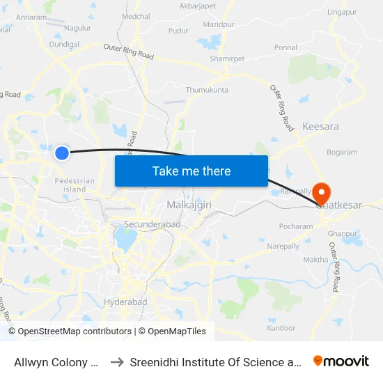 Allwyn Colony Bus Stop to Sreenidhi Institute Of Science and Technology map