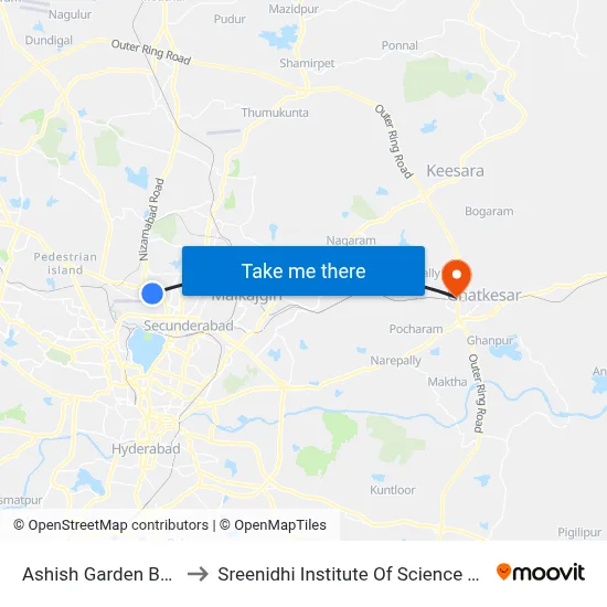 Ashish Garden Bowenpally to Sreenidhi Institute Of Science and Technology map
