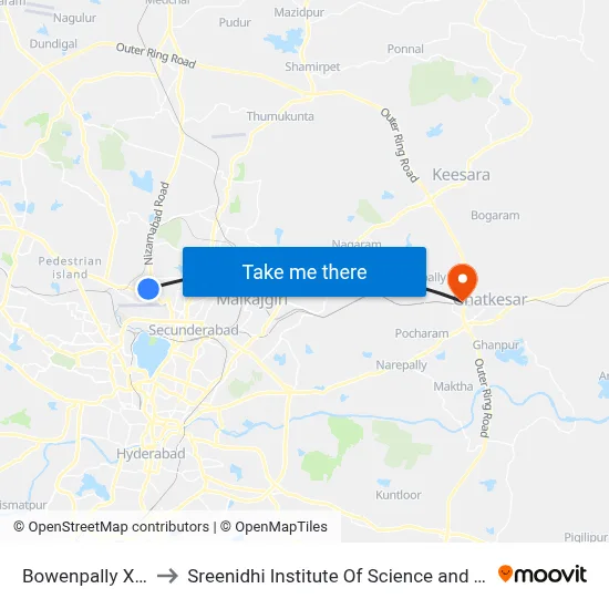 Bowenpally X Road to Sreenidhi Institute Of Science and Technology map