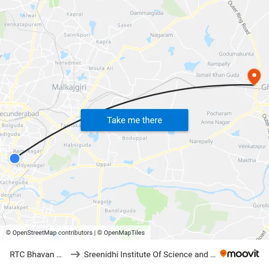 RTC Bhavan X Road to Sreenidhi Institute Of Science and Technology map