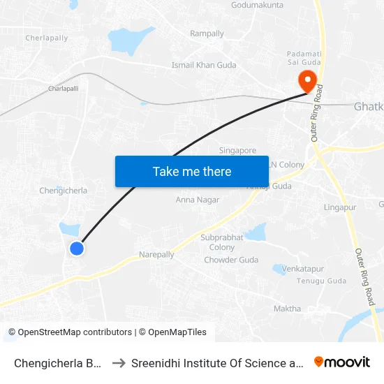 Chengicherla Bus Depot to Sreenidhi Institute Of Science and Technology map