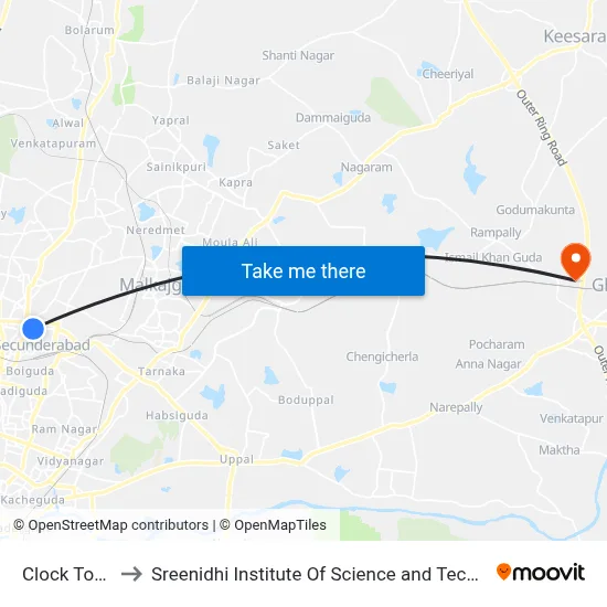 Clock Tower to Sreenidhi Institute Of Science and Technology map