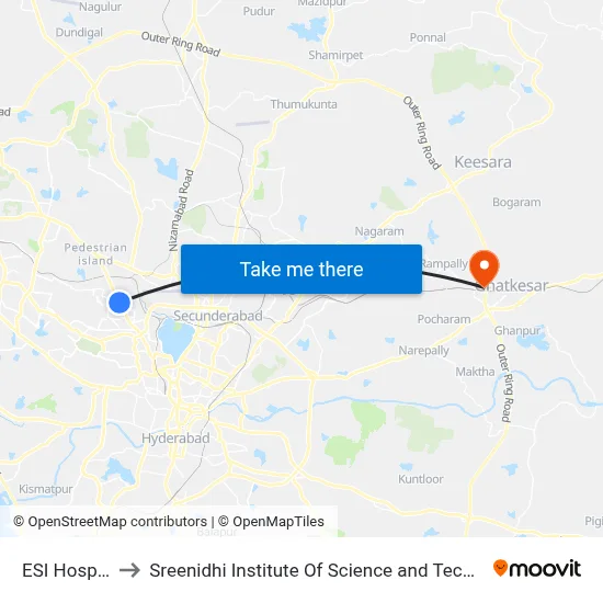 ESI Hospital to Sreenidhi Institute Of Science and Technology map