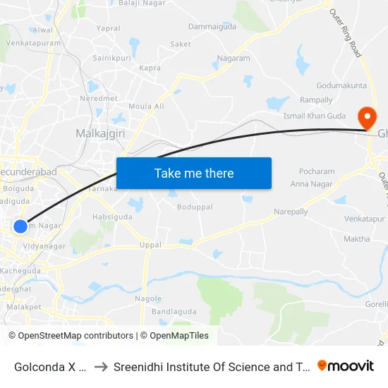 Golconda X Road to Sreenidhi Institute Of Science and Technology map