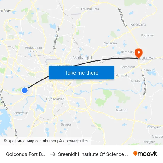 Golconda Fort Bus Station to Sreenidhi Institute Of Science and Technology map