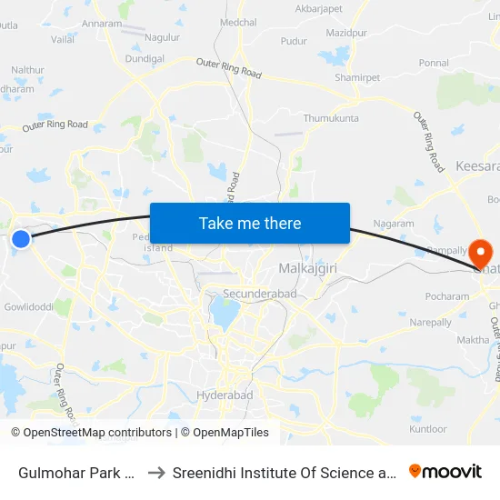 Gulmohar Park Bus Stop to Sreenidhi Institute Of Science and Technology map