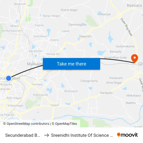 Secunderabad Bus Station to Sreenidhi Institute Of Science and Technology map