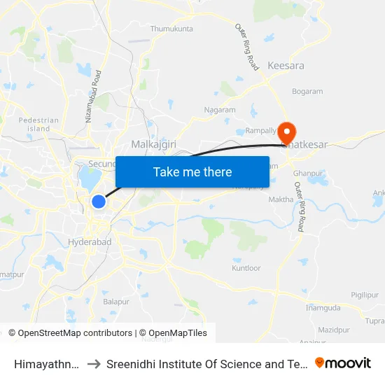 Himayathnagar to Sreenidhi Institute Of Science and Technology map