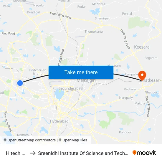 Hitech City to Sreenidhi Institute Of Science and Technology map