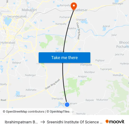 Ibrahimpatnam Bus Station to Sreenidhi Institute Of Science and Technology map