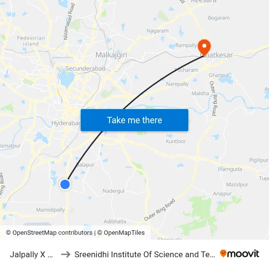Jalpally X Road to Sreenidhi Institute Of Science and Technology map