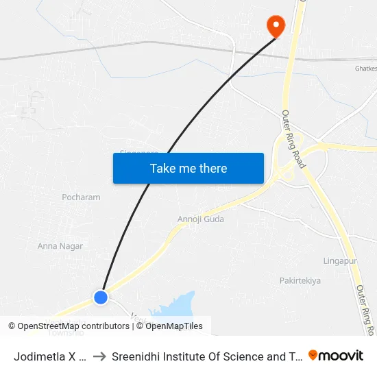 Jodimetla X Road to Sreenidhi Institute Of Science and Technology map