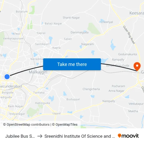 Jubilee Bus Station to Sreenidhi Institute Of Science and Technology map