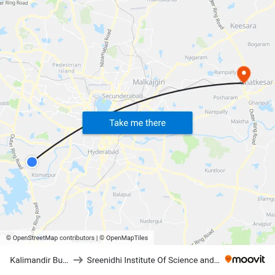 Kalimandir Bus Stop to Sreenidhi Institute Of Science and Technology map