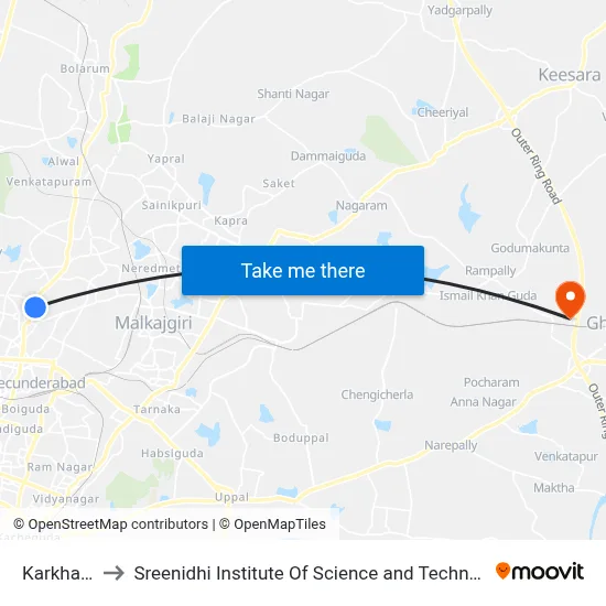 Karkhana to Sreenidhi Institute Of Science and Technology map