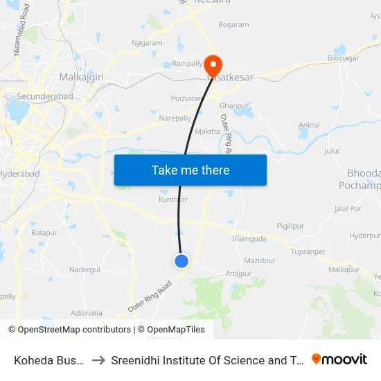 Koheda Bus Stop to Sreenidhi Institute Of Science and Technology map