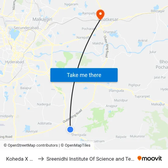 Koheda X Road to Sreenidhi Institute Of Science and Technology map