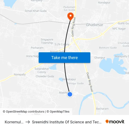 Korremula 2 to Sreenidhi Institute Of Science and Technology map