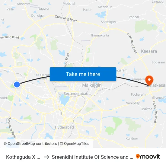 Kothaguda X Roads to Sreenidhi Institute Of Science and Technology map