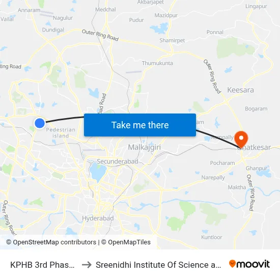 KPHB 3rd Phase Colony to Sreenidhi Institute Of Science and Technology map