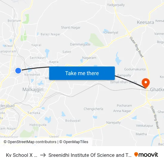 Kv School X Road to Sreenidhi Institute Of Science and Technology map
