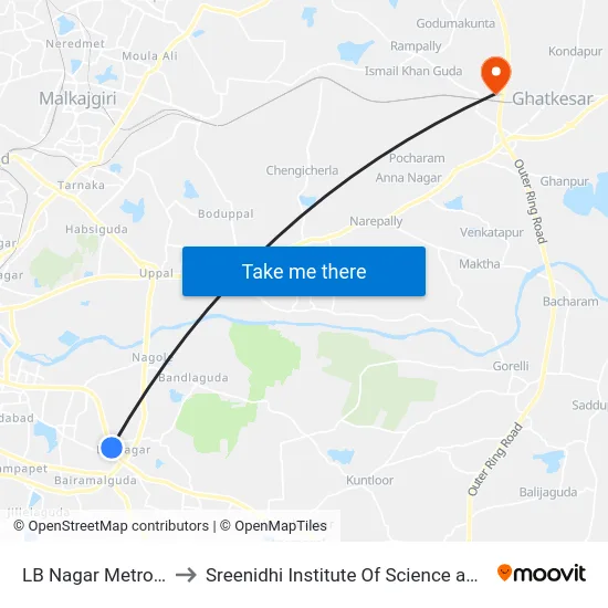 LB Nagar Metro Station to Sreenidhi Institute Of Science and Technology map