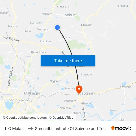 L G Malakpet to Sreenidhi Institute Of Science and Technology map