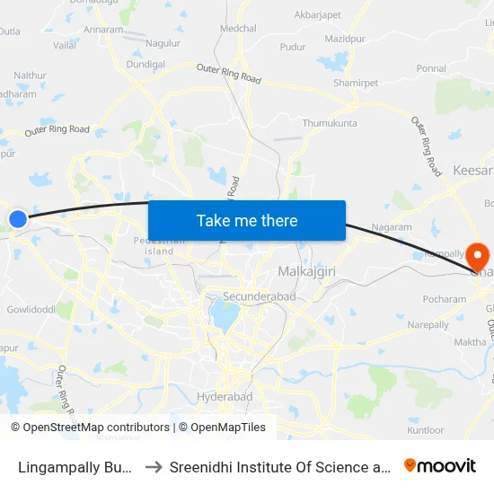 Lingampally Bus Station to Sreenidhi Institute Of Science and Technology map