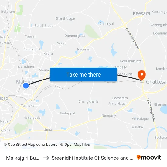 Malkajgiri Bus Stop to Sreenidhi Institute Of Science and Technology map