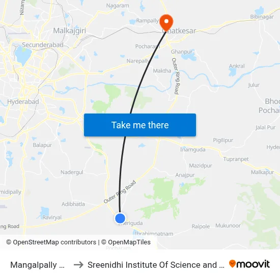 Mangalpally X Road to Sreenidhi Institute Of Science and Technology map
