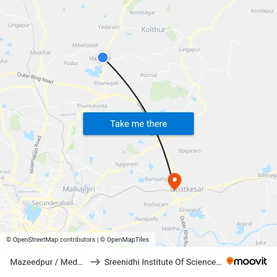Mazeedpur / Medchal X Road to Sreenidhi Institute Of Science and Technology map