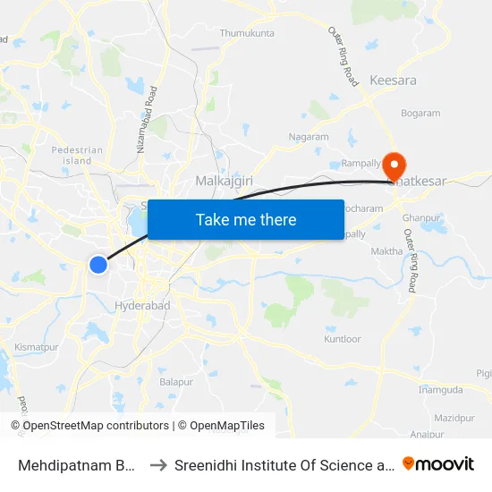 Mehdipatnam Bus Station to Sreenidhi Institute Of Science and Technology map