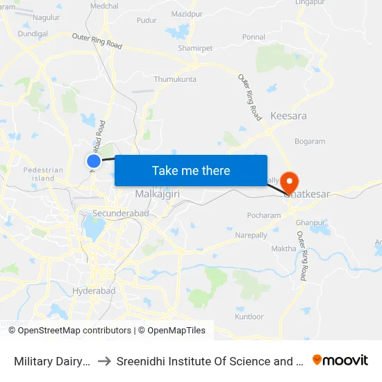 Military Dairy Farm to Sreenidhi Institute Of Science and Technology map