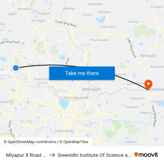 Miyapur X Road Bus Stop to Sreenidhi Institute Of Science and Technology map
