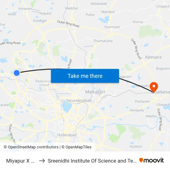 Miyapur X Road to Sreenidhi Institute Of Science and Technology map