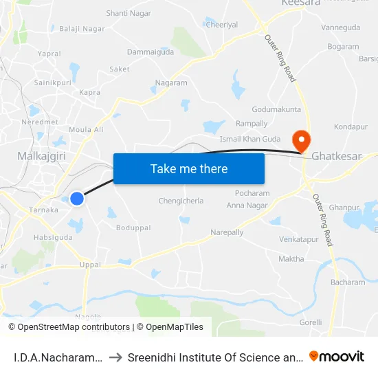 I.D.A.Nacharam X Road to Sreenidhi Institute Of Science and Technology map