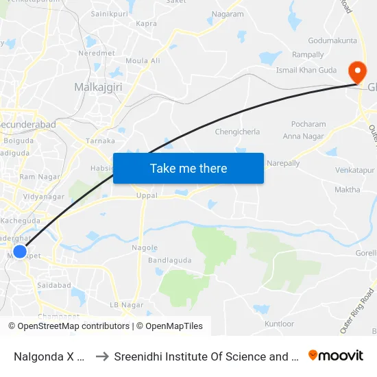 Nalgonda X Roads to Sreenidhi Institute Of Science and Technology map