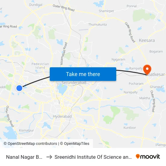 Nanal Nagar Bus Stop to Sreenidhi Institute Of Science and Technology map