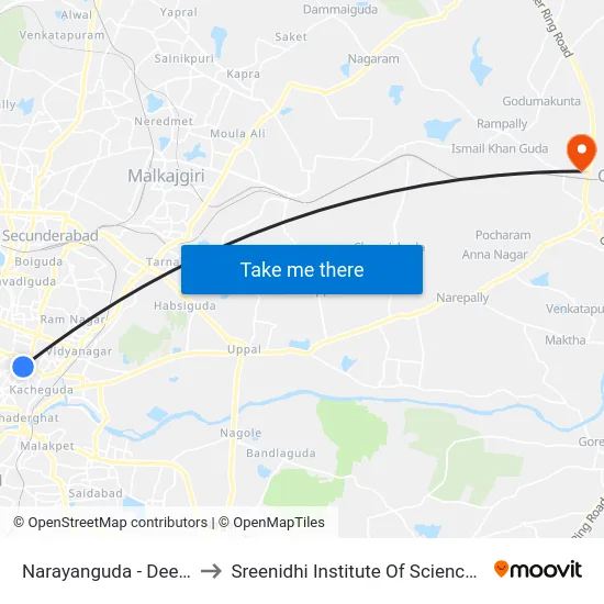 Narayanguda - Deepak Theatre to Sreenidhi Institute Of Science and Technology map