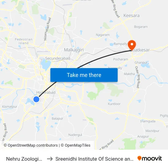 Nehru Zoological Park to Sreenidhi Institute Of Science and Technology map