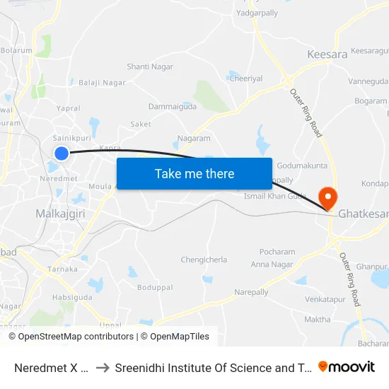Neredmet X Road to Sreenidhi Institute Of Science and Technology map