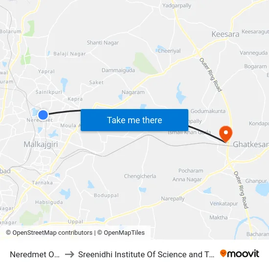 Neredmet Old Ps to Sreenidhi Institute Of Science and Technology map