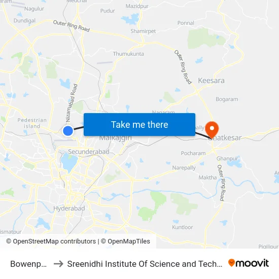 Bowenpally to Sreenidhi Institute Of Science and Technology map