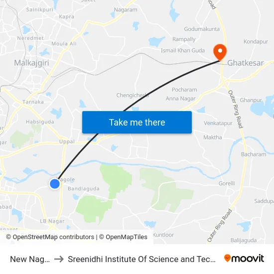 New Nagole to Sreenidhi Institute Of Science and Technology map