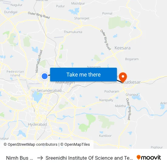 Nimh Bus Stop to Sreenidhi Institute Of Science and Technology map
